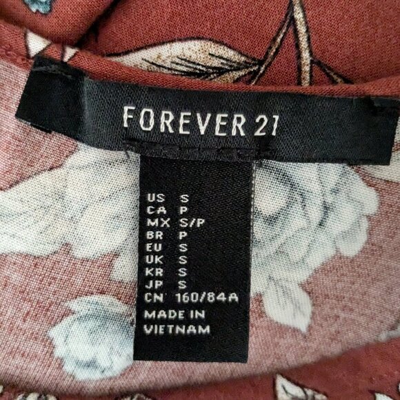 FOREVER 21 Rust Brown/Blue Floral Short Sleeve Flared Mini Dress; Size S - Picture 3 of 3